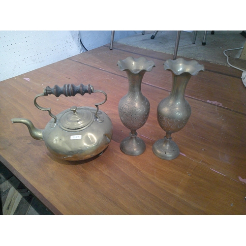 5 - Brass kettle & two brass vases