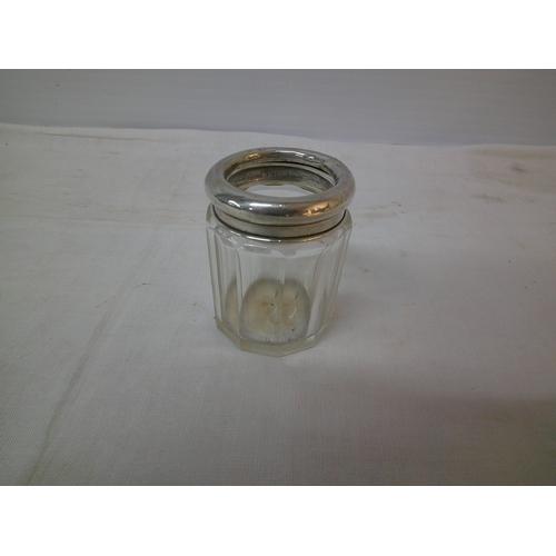 153 - Small glass pot with silver ring 6.5cmH