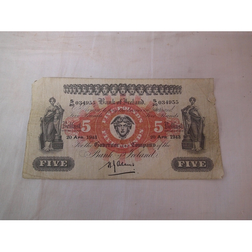 156 - Irish Bank of Ireland £5 note 20th April 1943