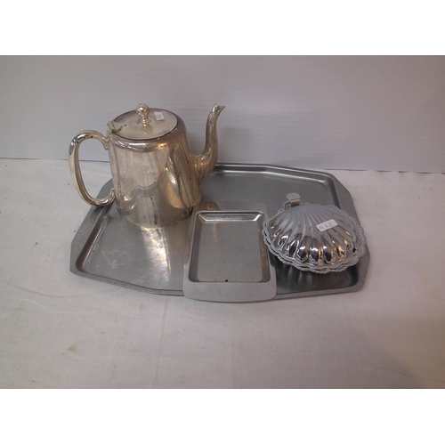 89 - Tray, silver plated teapot, butter dish etc.