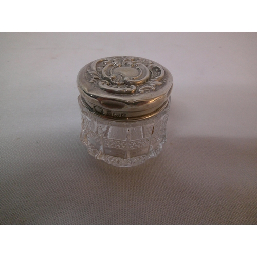 102 - Small silver topped glass pot, Birmingham 1909 4cmH