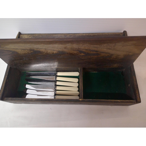 238 - Wooden cutlery box with some Newbridge ware 49cmW X 25cm