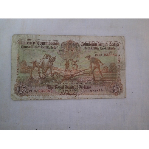 92 - Irish Ploughman £5 note [fair condition] 1929