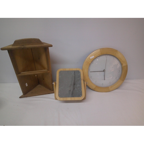 6 - Pine framed clock, swivel mirror & small corner unit