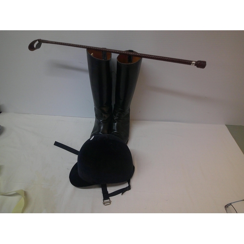 103 - Leather riding boots, safety helmet & riding crop