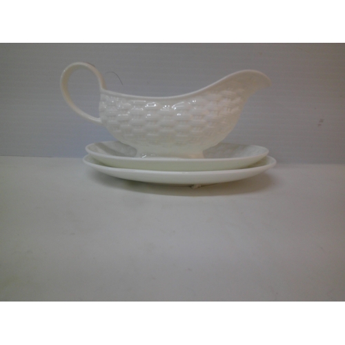 189 - Belleek basketweave gravy boat and two plates