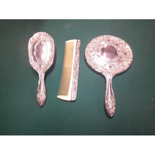 329 - Silver plated mirror, brush and comb