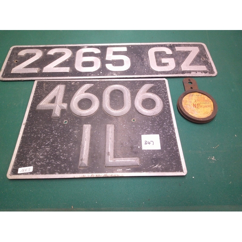 347 - Vintage number plates & tax disc