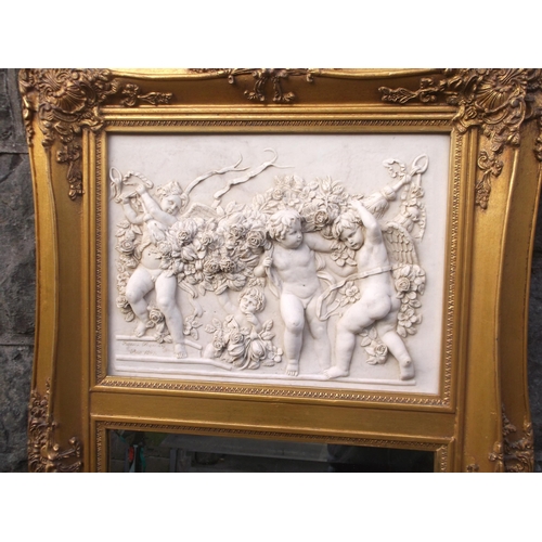 278 - Gilt framed mirror surmounted by marble plaque of cherubs - 149cmH x 61cmW