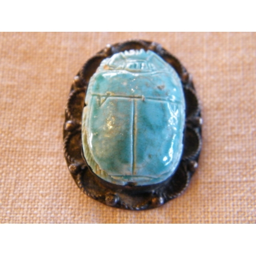 201 - Egyptian silver & turquoise ceramic Scarab brooch