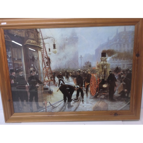 414 - A large pine framed picture depicting an Edwardian fire brigade scene 84cm X 54cm