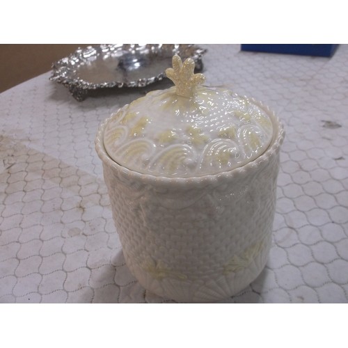 360 - A Belleek 6th period biscuit barrel 19cmH