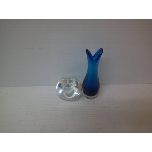 98 - A Swedish glass paperweight and blue glass vase - 18cmH