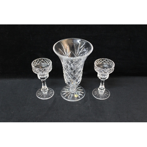 162 - A Tyrone cut crystal glass vase - 20cmH and two candle holder