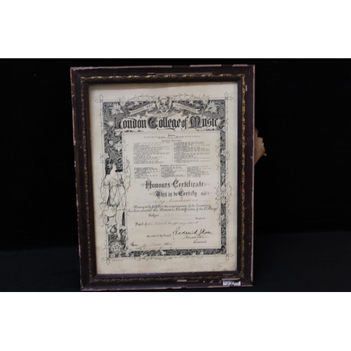 167 - A framed London College of Music Certificate 1925 - 47cm x 37cm