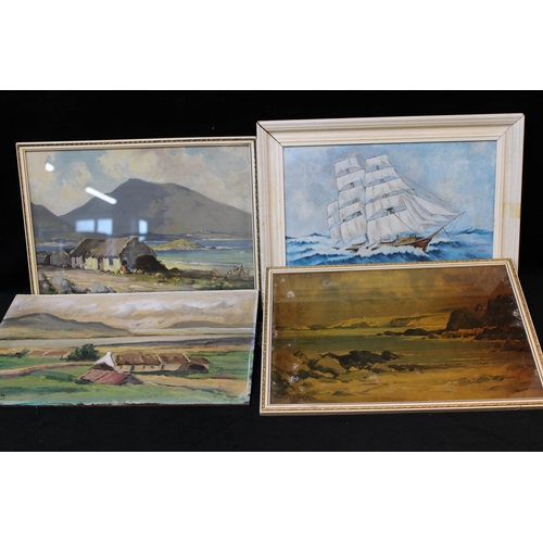 65 - Three framed pictures & an unframed oil painting 43cm X 28cm