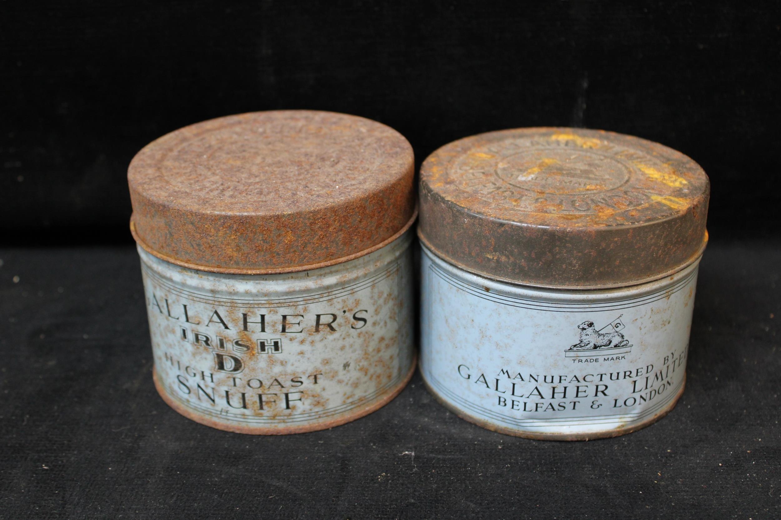 Two vintage Gallagher's Irish high toast snuff boxes each 9cmH