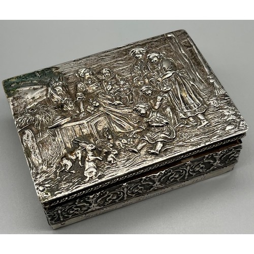 1 - Antique German raised relief 800 grade silver cigarette box. Lid depicts family and animals. [4.5x13... 