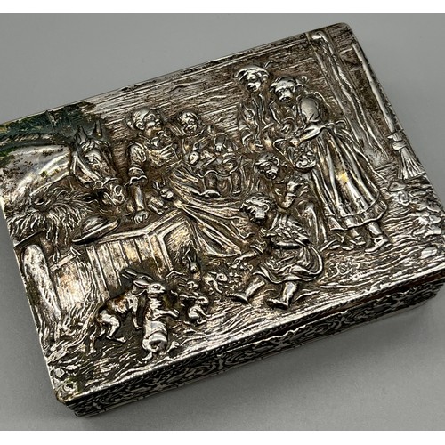 1 - Antique German raised relief 800 grade silver cigarette box. Lid depicts family and animals. [4.5x13... 