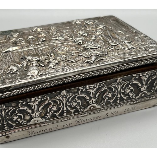 1 - Antique German raised relief 800 grade silver cigarette box. Lid depicts family and animals. [4.5x13... 