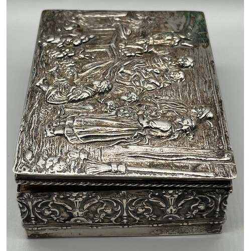 1 - Antique German raised relief 800 grade silver cigarette box. Lid depicts family and animals. [4.5x13... 