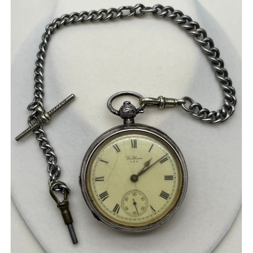 7 - Birmingham silver Pocket watch produced by Waltham U.S.A. Comes with a plated albert chain, t-bar an... 