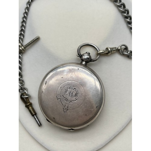 7 - Birmingham silver Pocket watch produced by Waltham U.S.A. Comes with a plated albert chain, t-bar an... 