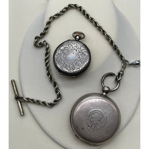 8 - Chester silver pocket watch by Hood & Son Cupar, comes with a plated chain and T-Bar. Together with ... 