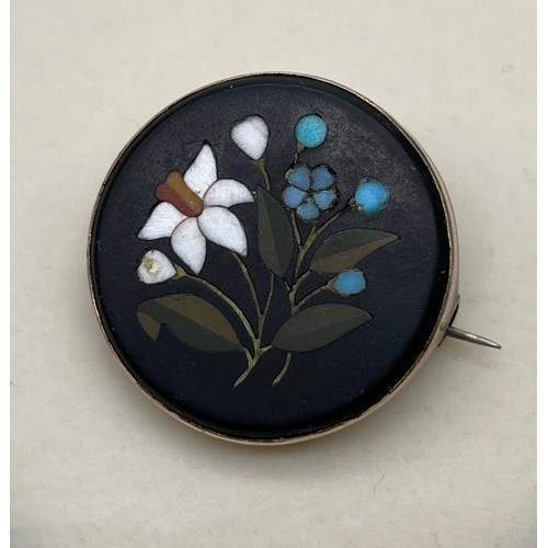 11 - 19th century Pietra Dura Mosaic flower brooch. [3cm diameter]