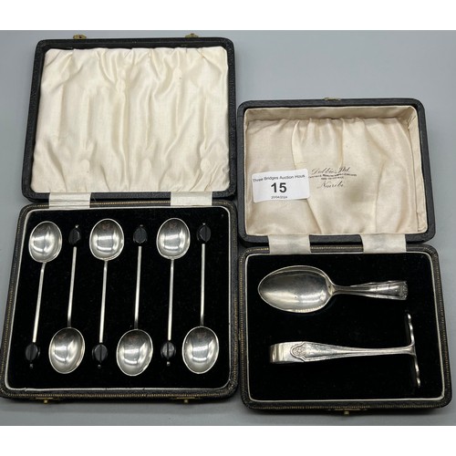 15 - Boxed silver flatwares; Boxed Birmingham silver spoon and pusher, together with a set of six Birming... 