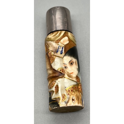 19 - Japanese [C1894] Satsuma hand painted perfume bottle fitted with a Birmingham silver screw lid. [7.5... 