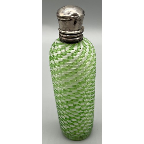 25 - Antique green and white alternating striped glass with basket weaved effect perfume bottle, fitted w... 