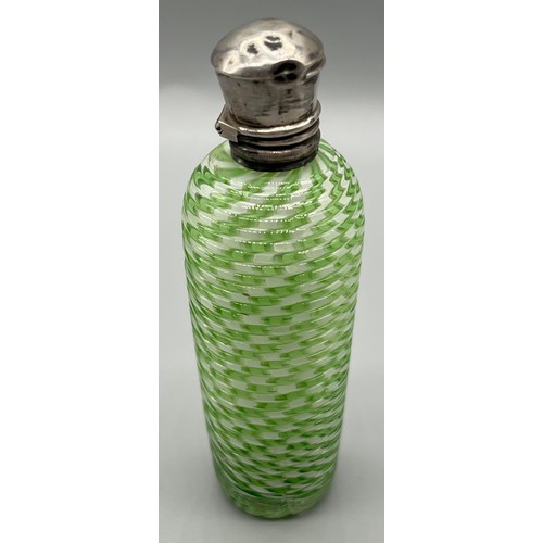 25 - Antique green and white alternating striped glass with basket weaved effect perfume bottle, fitted w... 