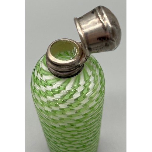 25 - Antique green and white alternating striped glass with basket weaved effect perfume bottle, fitted w... 