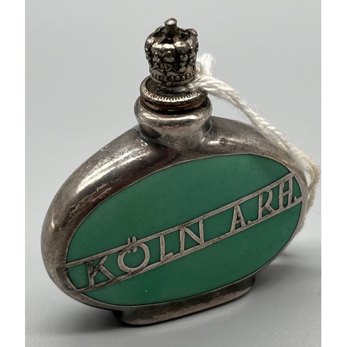 30 - Art Deco 1000 fine silver overlay perfume bottle. Fitted with a crown cap. C1925. [5.7cm high]