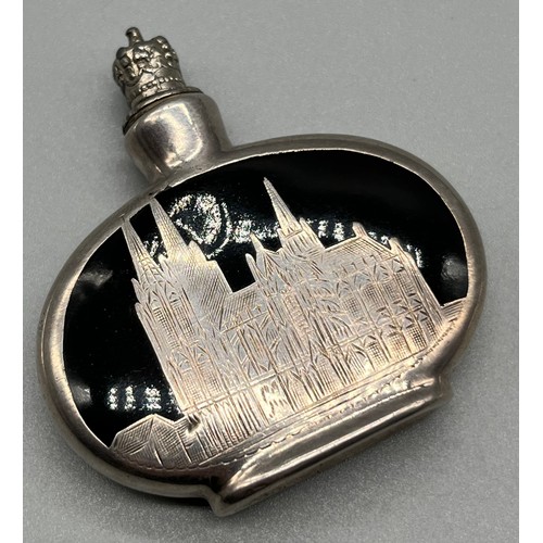 34 - Art Deco silver overlay perfume bottle, fitted with a crown cap. [6cm high]