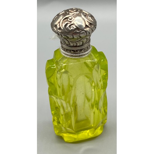 39 - 19th century silver mounted Uranium glass perfume bottle. C1865. [7.5cm high]