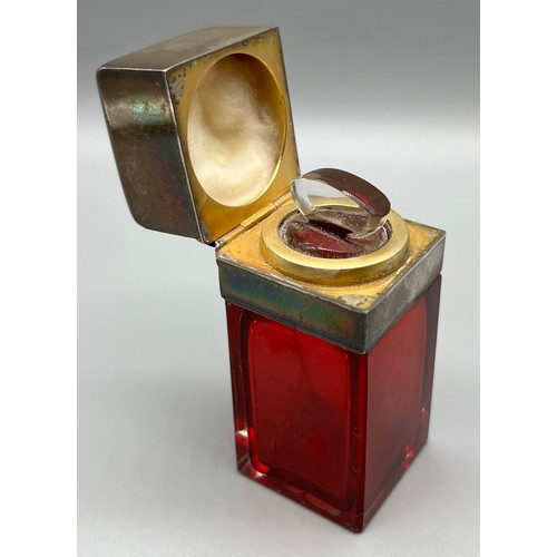 40 - Antique London silver and Ruby Glass rectangular shaped perfume bottle. Has original stopper present... 