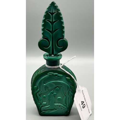 49 - Art Deco Bohemian Malachite Glass collectable perfume bottle. Showing raised relief doe figures. [15... 