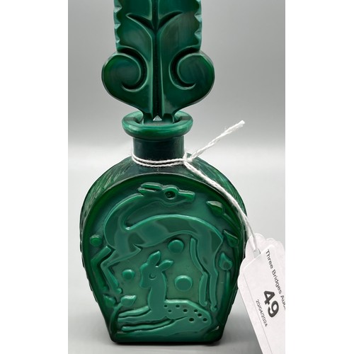 49 - Art Deco Bohemian Malachite Glass collectable perfume bottle. Showing raised relief doe figures. [15... 