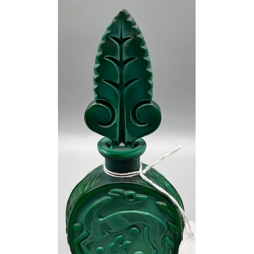 49 - Art Deco Bohemian Malachite Glass collectable perfume bottle. Showing raised relief doe figures. [15... 