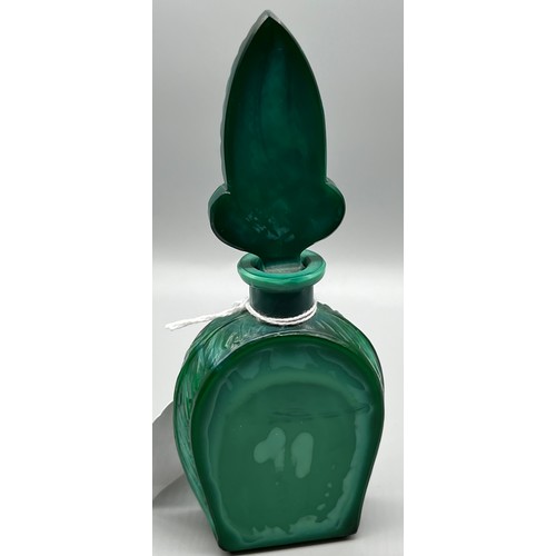 49 - Art Deco Bohemian Malachite Glass collectable perfume bottle. Showing raised relief doe figures. [15... 