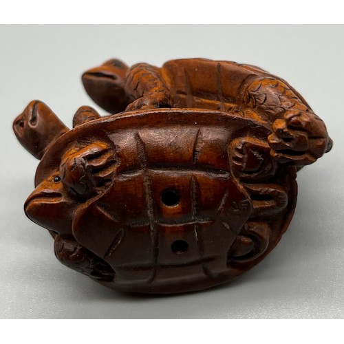 50 - Japanese hand carved netsuke; Trio of Turtles, Designed with black bead eyes. Signed by the artist t... 