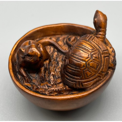 55 - Japanese hand carved netsuke; Turtle and Mouse within a bowl. Both fitted with black bead eyes. Sign... 