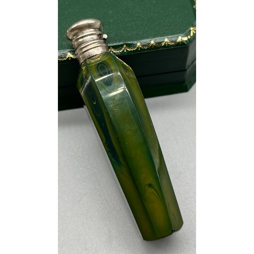 71 - Very Rare 19th century Lithyalin glass perfume bottle fitted with a silver top and has original stop... 