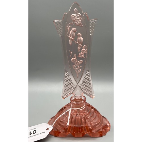 81 - Art Deco Czech style pressed glass perfume bottle depicting two birds perched on a branch. [17.5cm h... 