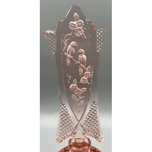 81 - Art Deco Czech style pressed glass perfume bottle depicting two birds perched on a branch. [17.5cm h... 