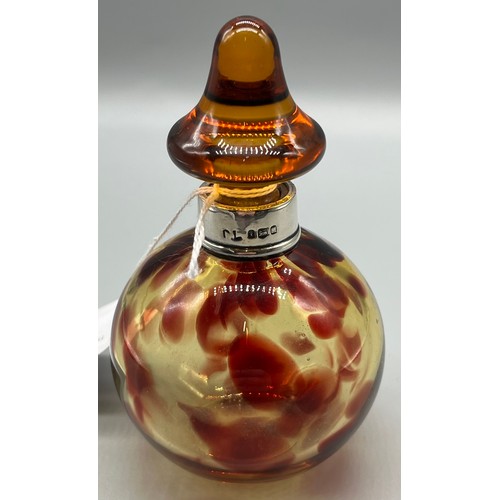 82 - Antique amber art glass perfume bottle fitted with a London silver collar. Comes with a Mushroom sha... 