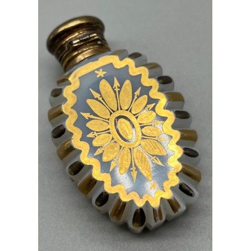 96 - Victorian French Opaline stand up bottle with cut edges, Yellow metal top has marking to the rim. [7... 