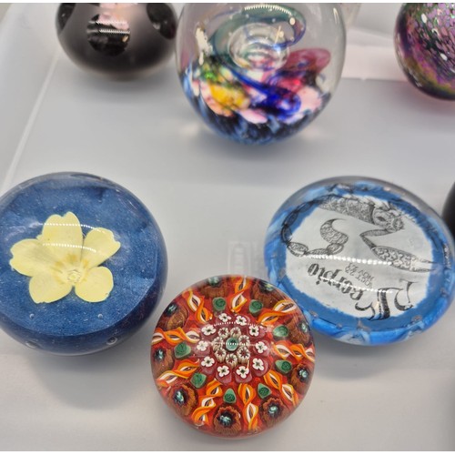 118 - Tray of art glass paperweights; Selkirk glass 'Entertainer', Tweedsmuir glass, Strathearn millefiori... 